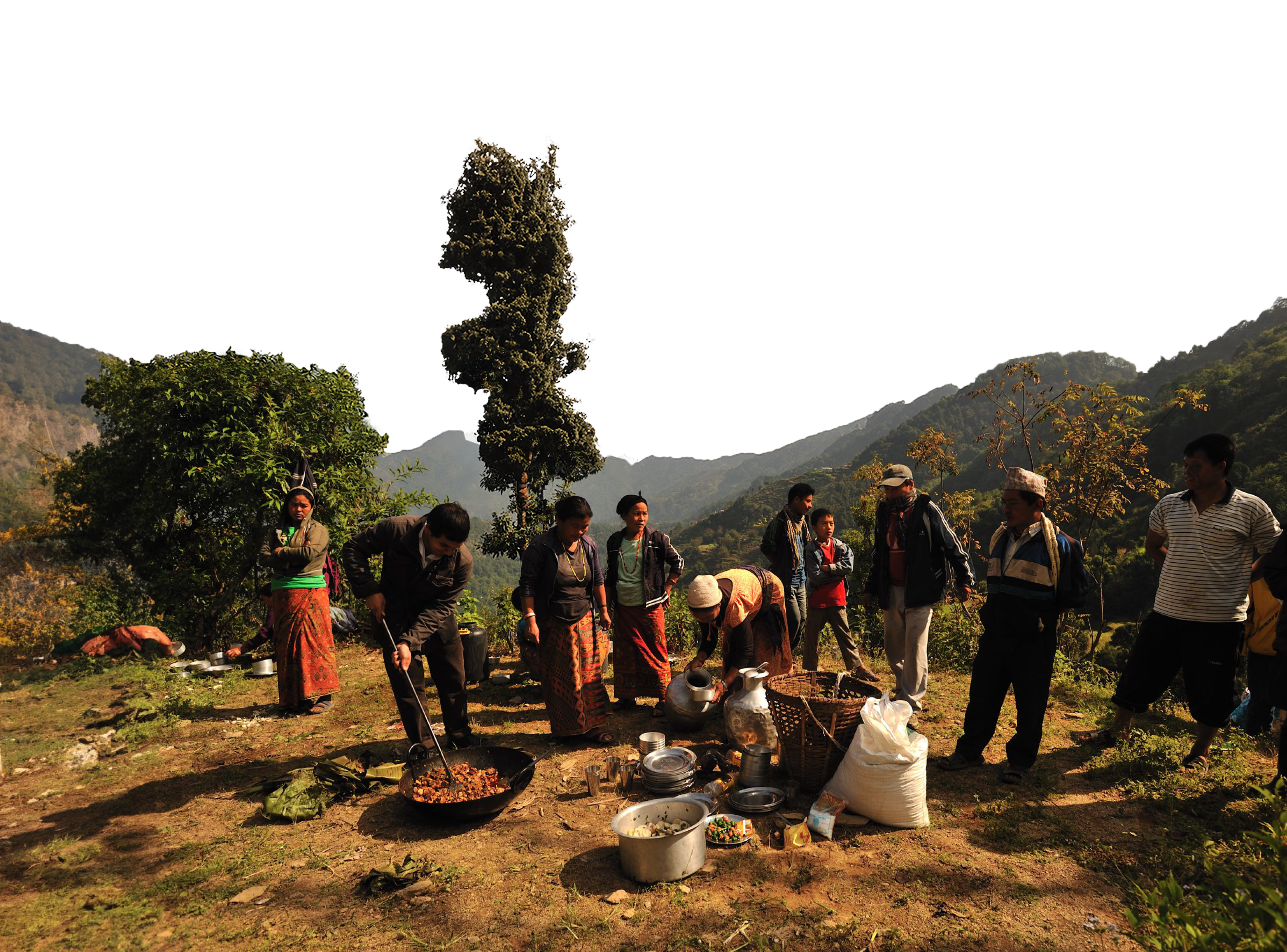 People gathering and cooking food